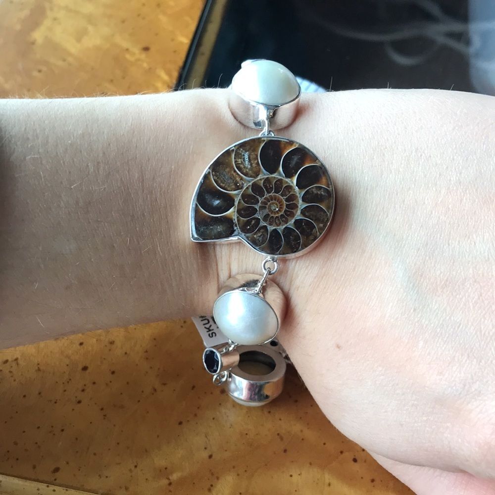 Natural Ammonite Mabe Pearl Amethyst Sterling Silver Toggle Bracelet